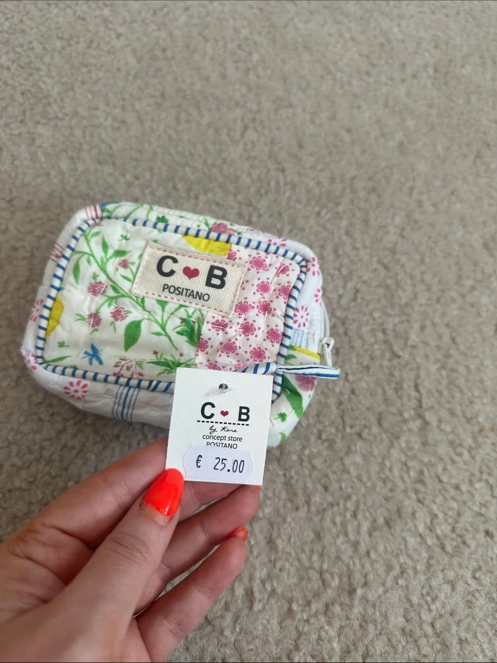 C·B Positano Floral Quilted Pouch - White with Pink & Green